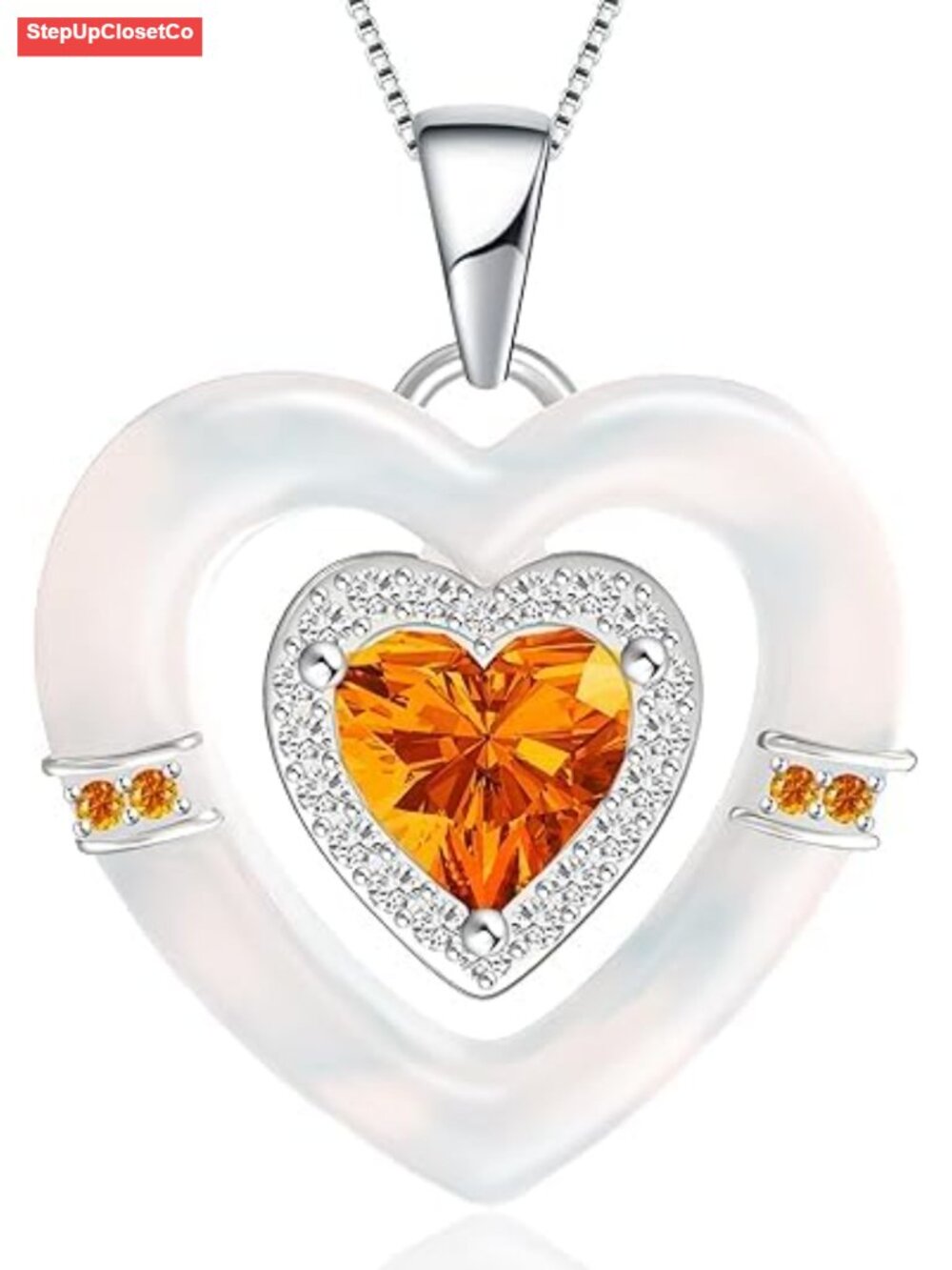Sterling Silver Double Heart Birthstone Necklace with Mother of Pearl